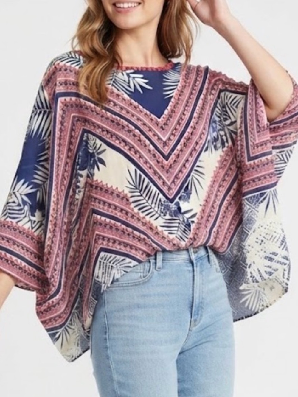 Women’s Ruby Rd. Boho V-Neck Printed Poncho Top in Pink & Navy Size XL